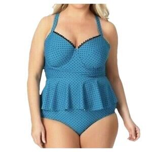 Terra & Sky Black Tankini Top 4X (28W-30W) Teal Polka Dot Padded Beach Swim NWT